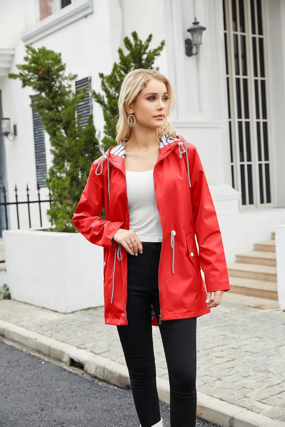 Womens Raincoat Waterproof Hooded Trench Coats Lined Windbreaker Active Travel Jacket with Pockets for Outdoor