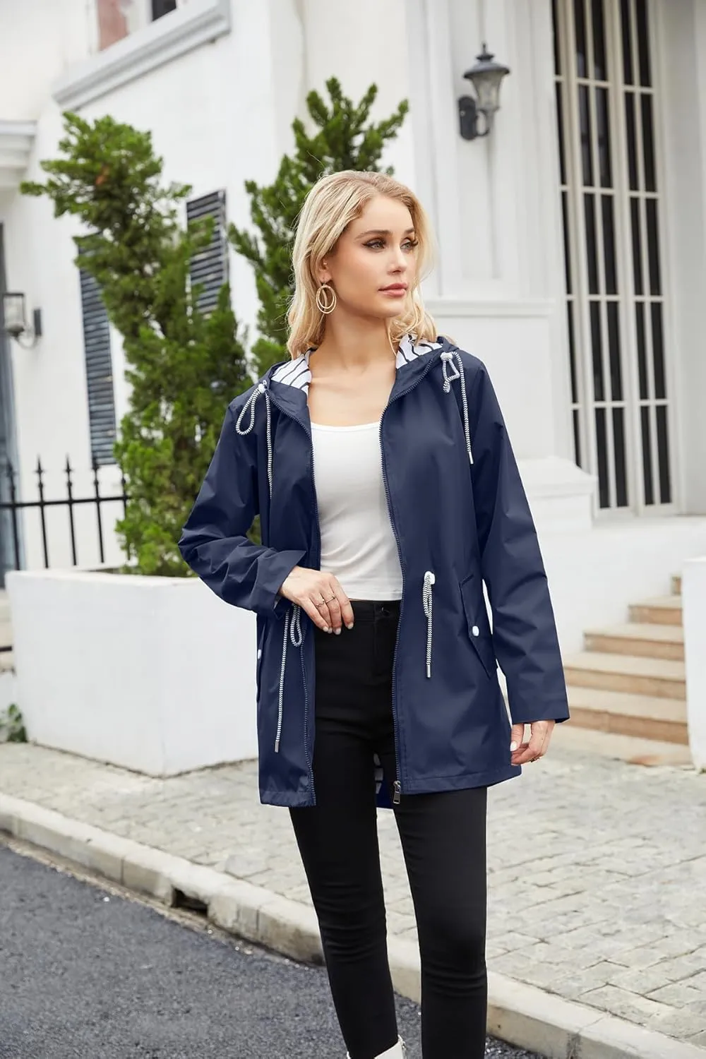 Womens Raincoat Waterproof Hooded Trench Coats Lined Windbreaker Active Travel Jacket with Pockets for Outdoor