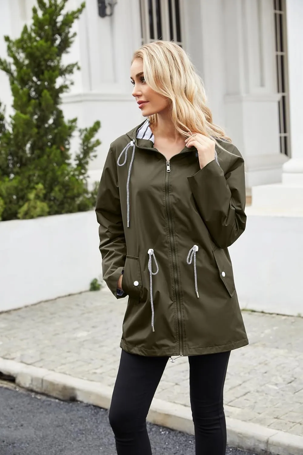 Womens Raincoat Waterproof Hooded Trench Coats Lined Windbreaker Active Travel Jacket with Pockets for Outdoor