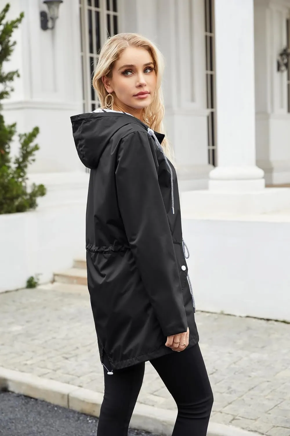 Womens Raincoat Waterproof Hooded Trench Coats Lined Windbreaker Active Travel Jacket with Pockets for Outdoor