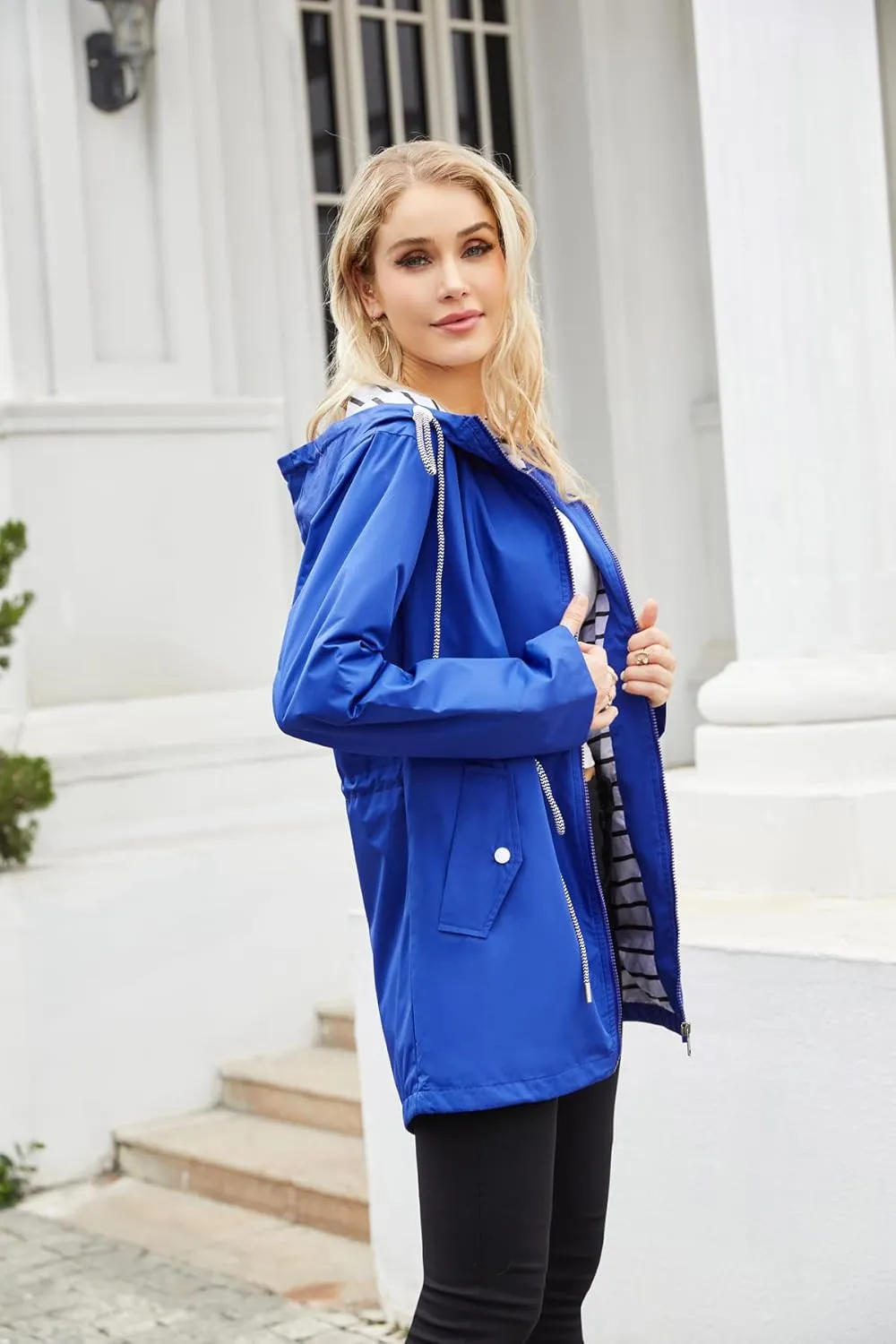 Womens Raincoat Waterproof Hooded Trench Coats Lined Windbreaker Active Travel Jacket with Pockets for Outdoor