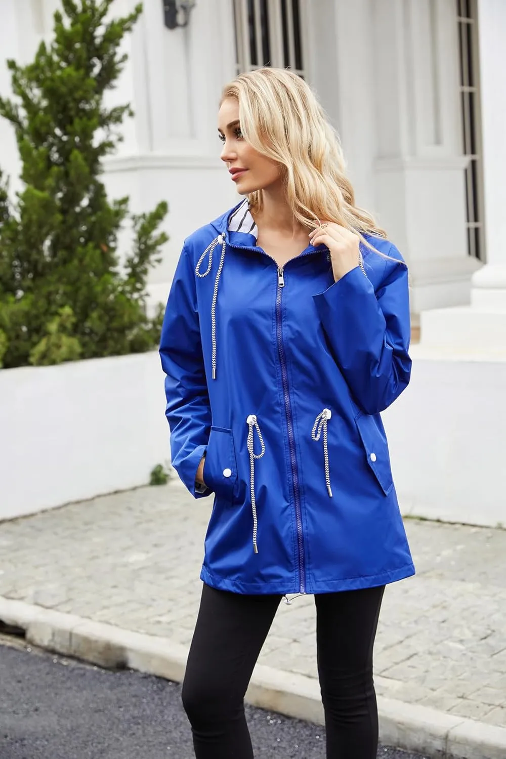 Womens Raincoat Waterproof Hooded Trench Coats Lined Windbreaker Active Travel Jacket with Pockets for Outdoor