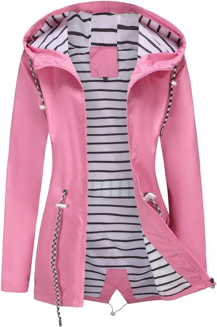 Womens Raincoat Waterproof Hooded Trench Coats Lined Windbreaker Active Travel Jacket with Pockets for Outdoor