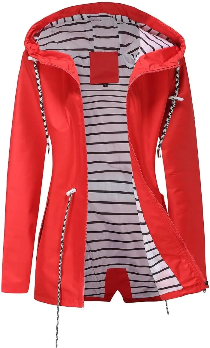 Womens Raincoat Waterproof Hooded Trench Coats Lined Windbreaker Active Travel Jacket with Pockets for Outdoor
