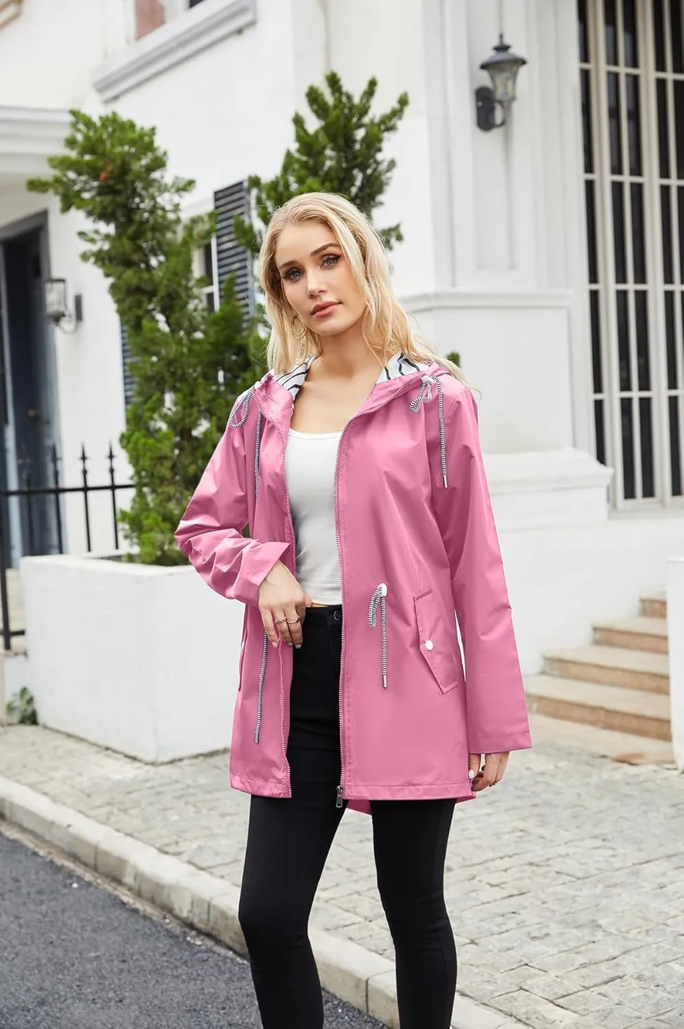 Womens Raincoat Waterproof Hooded Trench Coats Lined Windbreaker Active Travel Jacket with Pockets for Outdoor