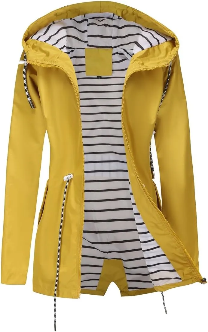 Womens Raincoat Waterproof Hooded Trench Coats Lined Windbreaker Active Travel Jacket with Pockets for Outdoor