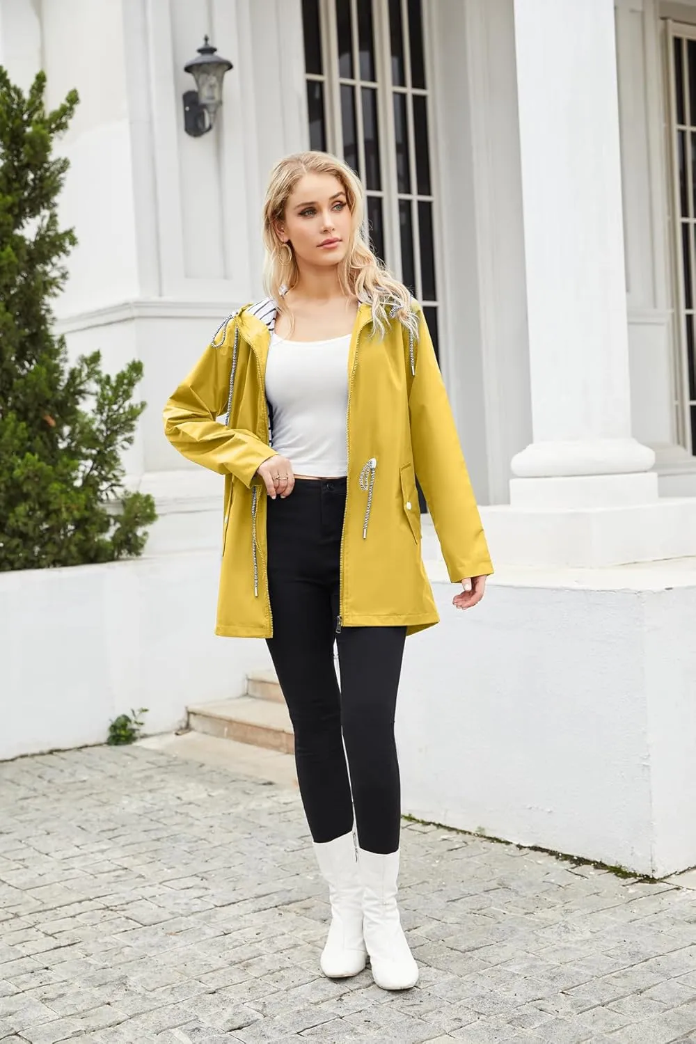 Womens Raincoat Waterproof Hooded Trench Coats Lined Windbreaker Active Travel Jacket with Pockets for Outdoor