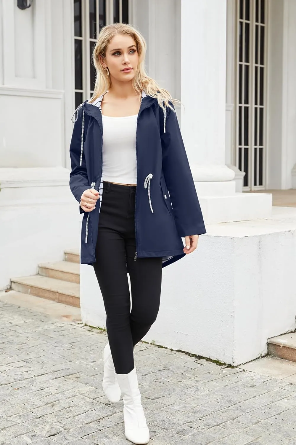 Womens Raincoat Waterproof Hooded Trench Coats Lined Windbreaker Active Travel Jacket with Pockets for Outdoor