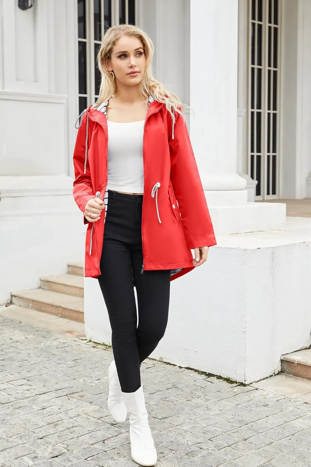 Womens Raincoat Waterproof Hooded Trench Coats Lined Windbreaker Active Travel Jacket with Pockets for Outdoor