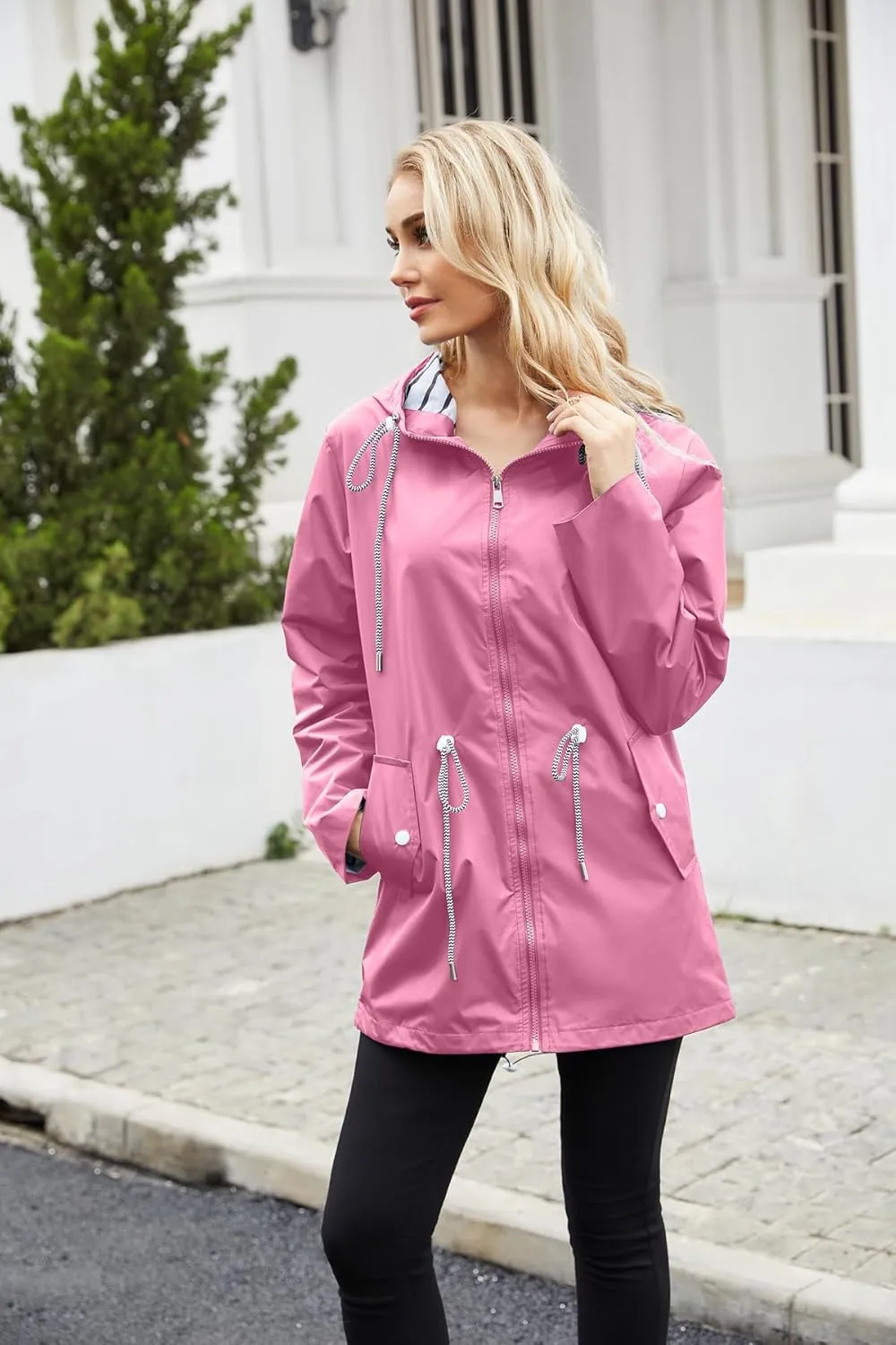 Womens Raincoat Waterproof Hooded Trench Coats Lined Windbreaker Active Travel Jacket with Pockets for Outdoor