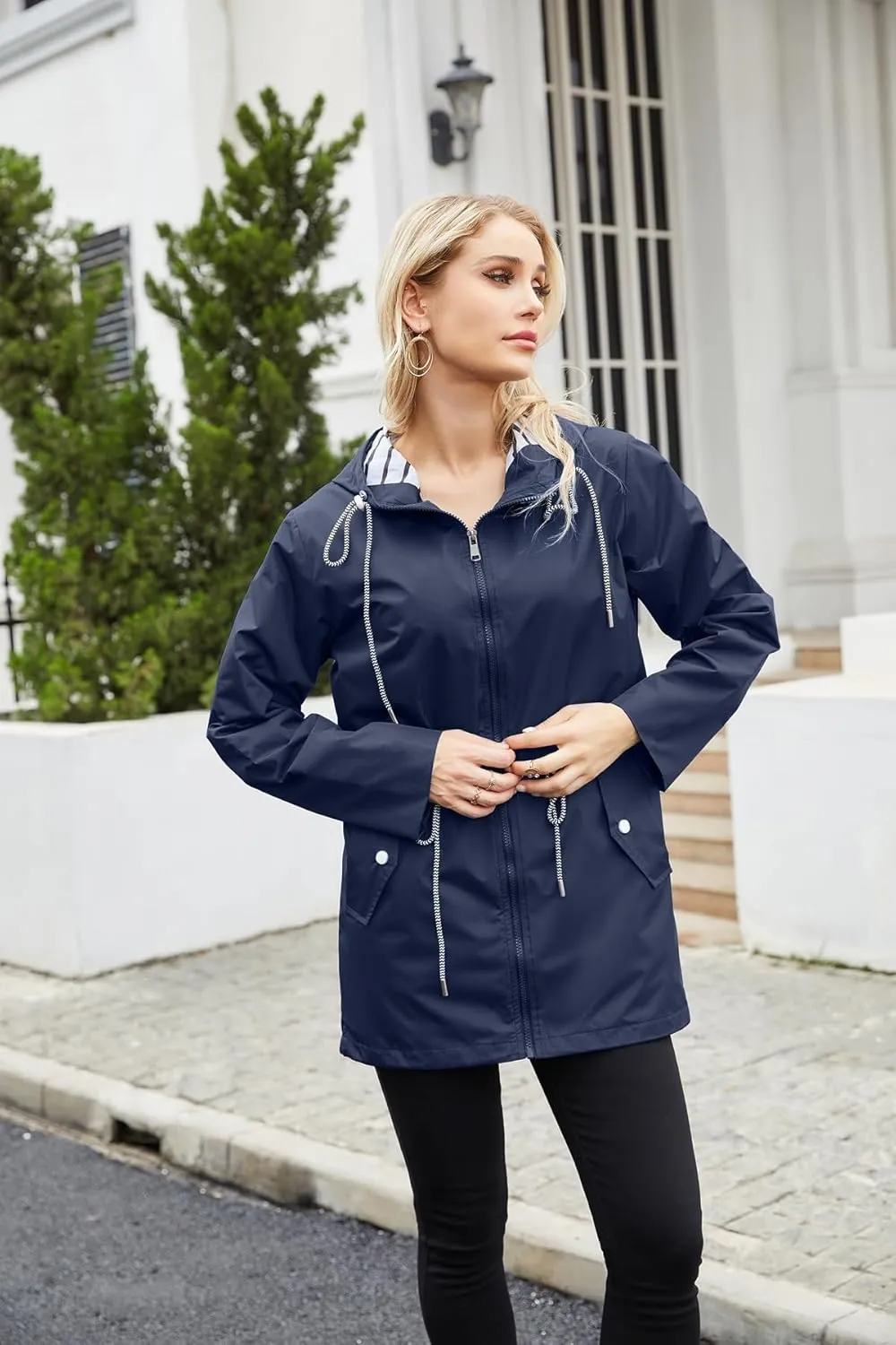 Womens Raincoat Waterproof Hooded Trench Coats Lined Windbreaker Active Travel Jacket with Pockets for Outdoor