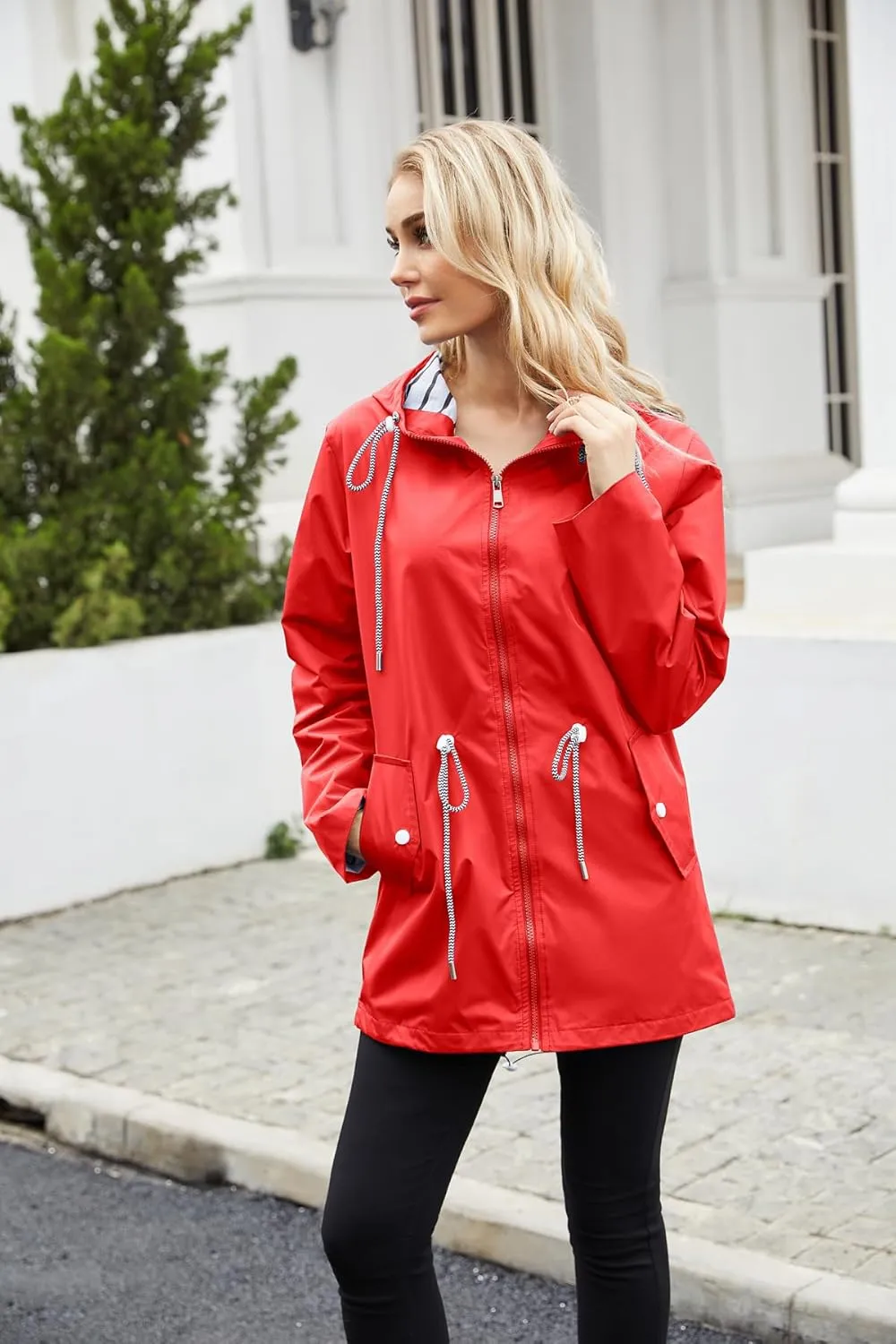 Womens Raincoat Waterproof Hooded Trench Coats Lined Windbreaker Active Travel Jacket with Pockets for Outdoor
