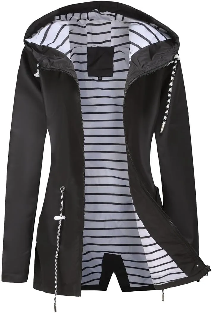 Womens Raincoat Waterproof Hooded Trench Coats Lined Windbreaker Active Travel Jacket with Pockets for Outdoor