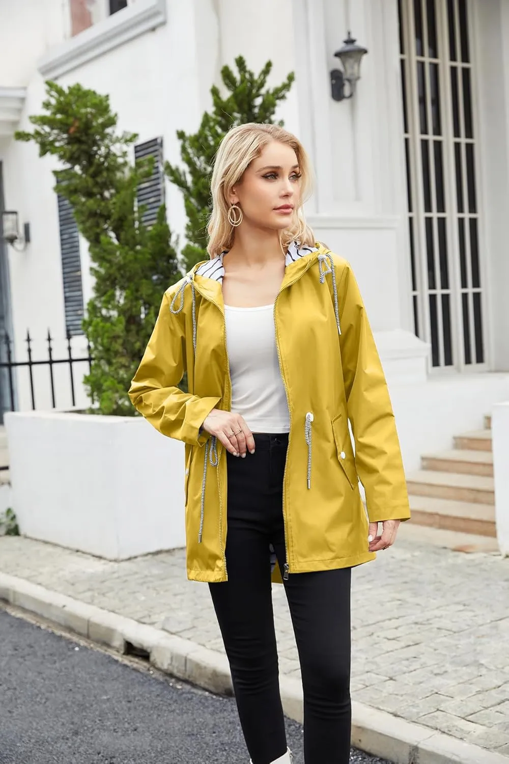Womens Raincoat Waterproof Hooded Trench Coats Lined Windbreaker Active Travel Jacket with Pockets for Outdoor