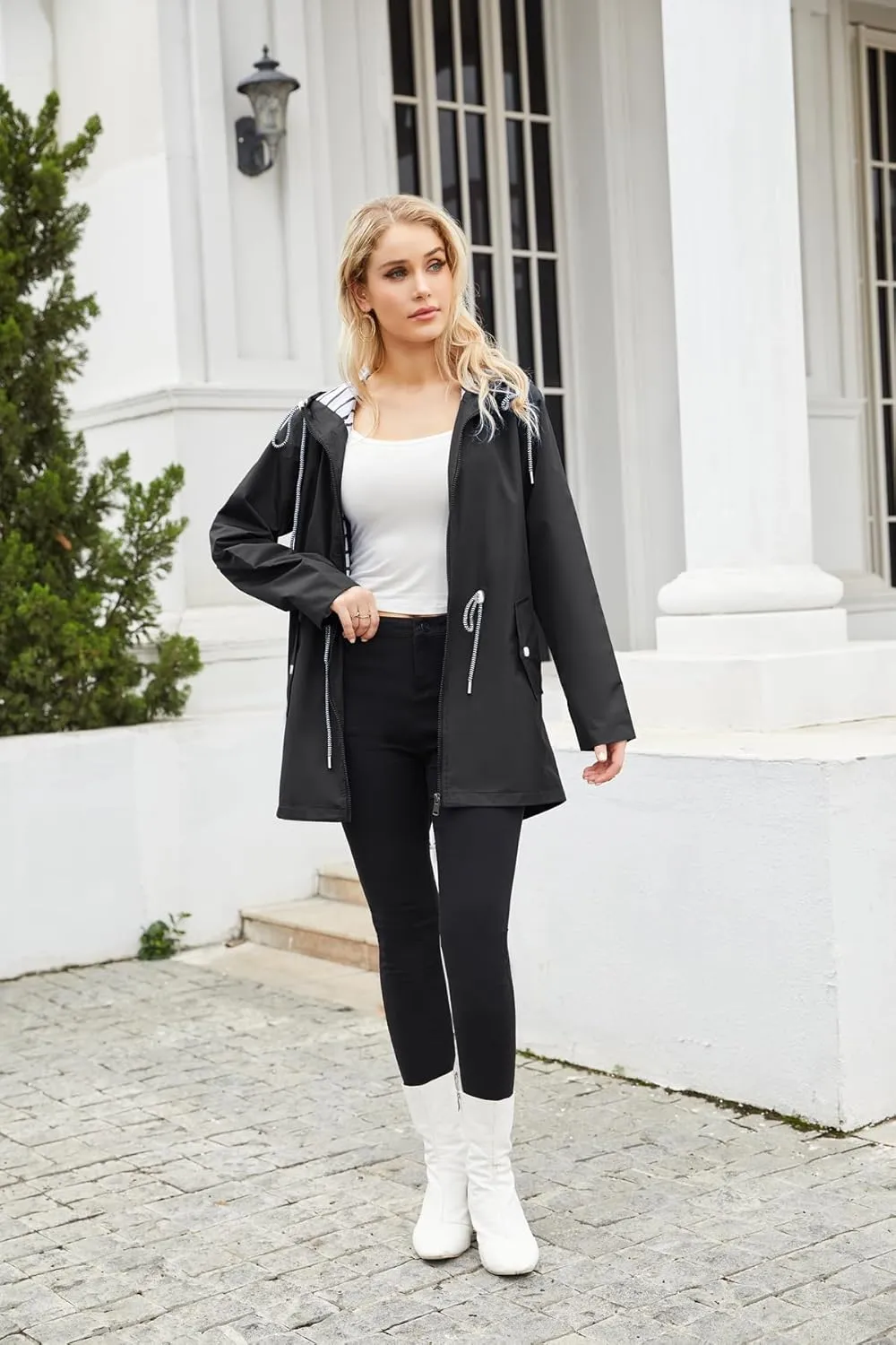 Womens Raincoat Waterproof Hooded Trench Coats Lined Windbreaker Active Travel Jacket with Pockets for Outdoor