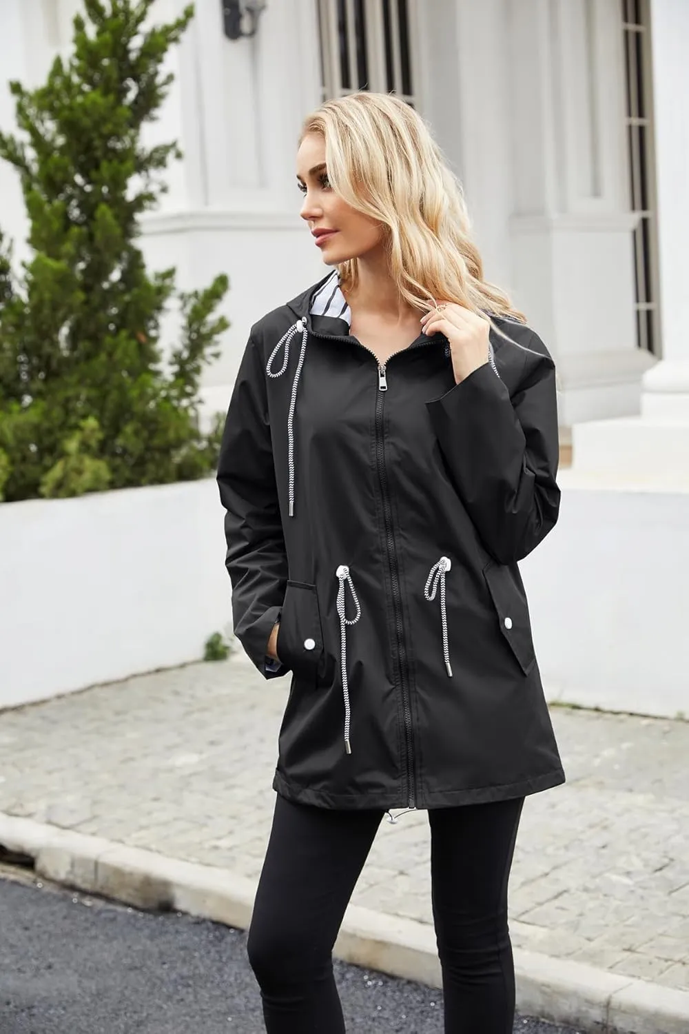 Womens Raincoat Waterproof Hooded Trench Coats Lined Windbreaker Active Travel Jacket with Pockets for Outdoor