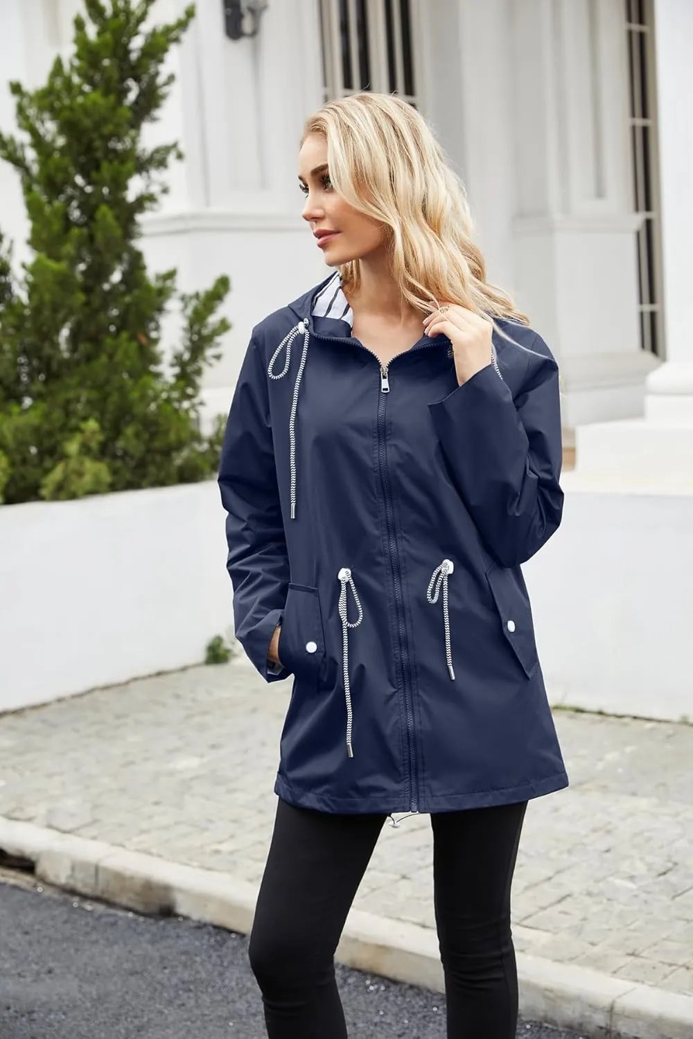 Womens Raincoat Waterproof Hooded Trench Coats Lined Windbreaker Active Travel Jacket with Pockets for Outdoor