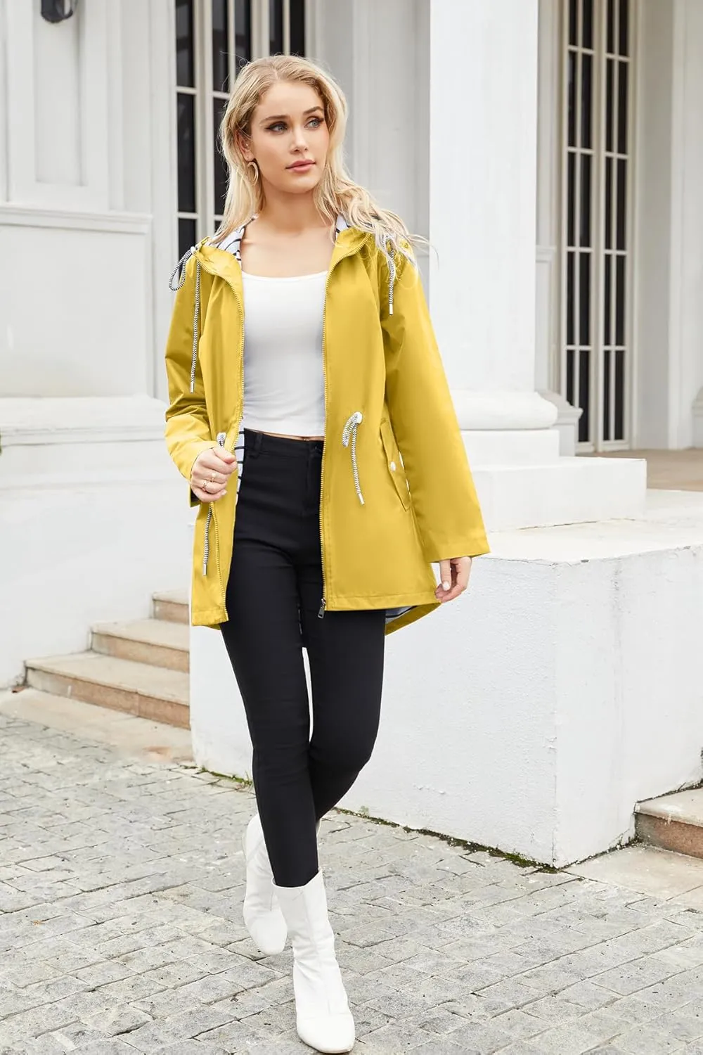 Womens Raincoat Waterproof Hooded Trench Coats Lined Windbreaker Active Travel Jacket with Pockets for Outdoor