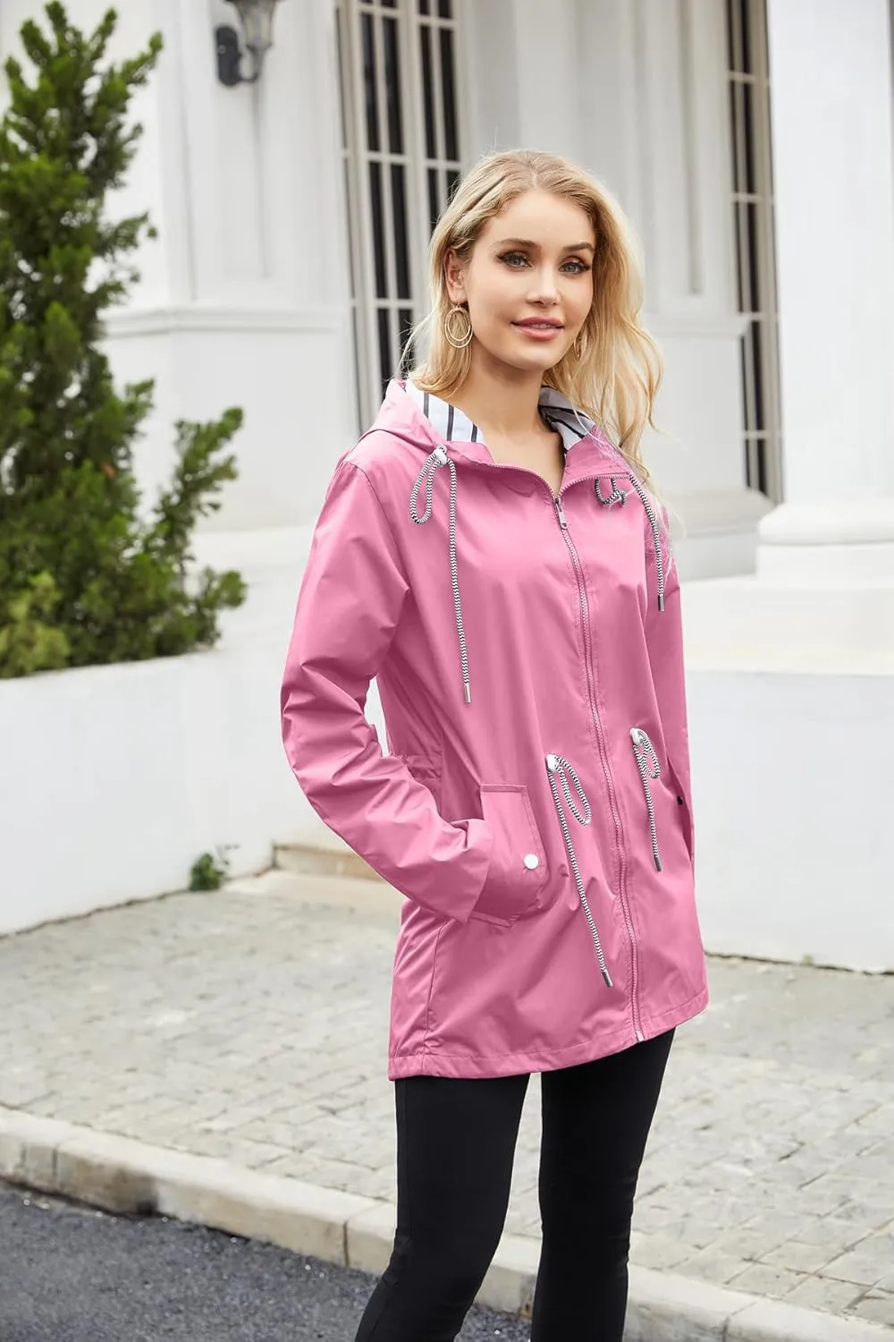 Womens Raincoat Waterproof Hooded Trench Coats Lined Windbreaker Active Travel Jacket with Pockets for Outdoor