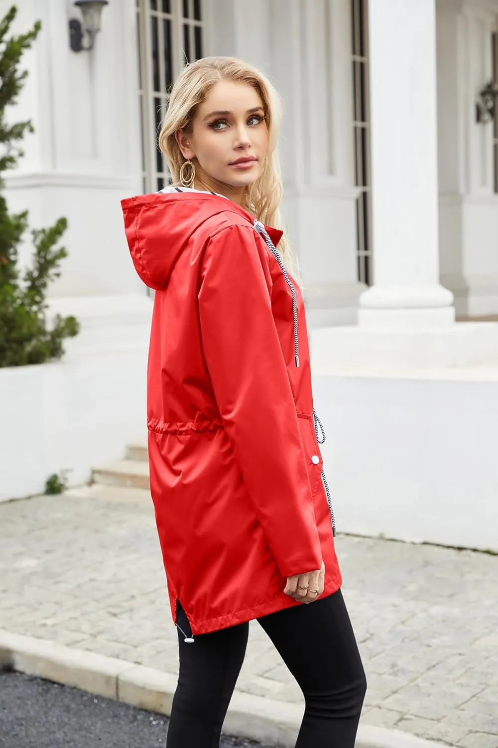 Womens Raincoat Waterproof Hooded Trench Coats Lined Windbreaker Active Travel Jacket with Pockets for Outdoor