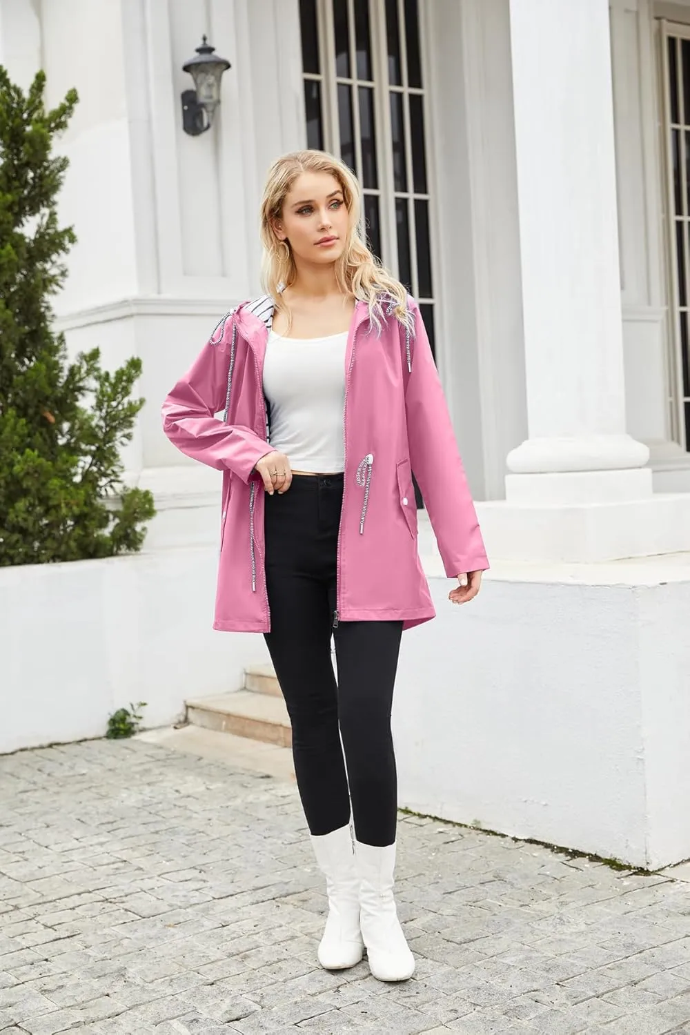 Womens Raincoat Waterproof Hooded Trench Coats Lined Windbreaker Active Travel Jacket with Pockets for Outdoor