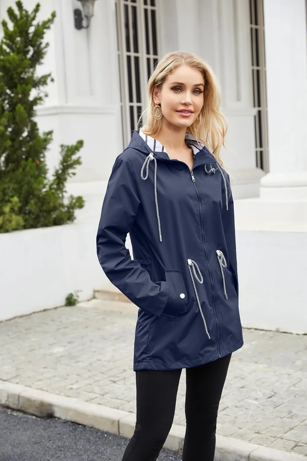 Womens Raincoat Waterproof Hooded Trench Coats Lined Windbreaker Active Travel Jacket with Pockets for Outdoor