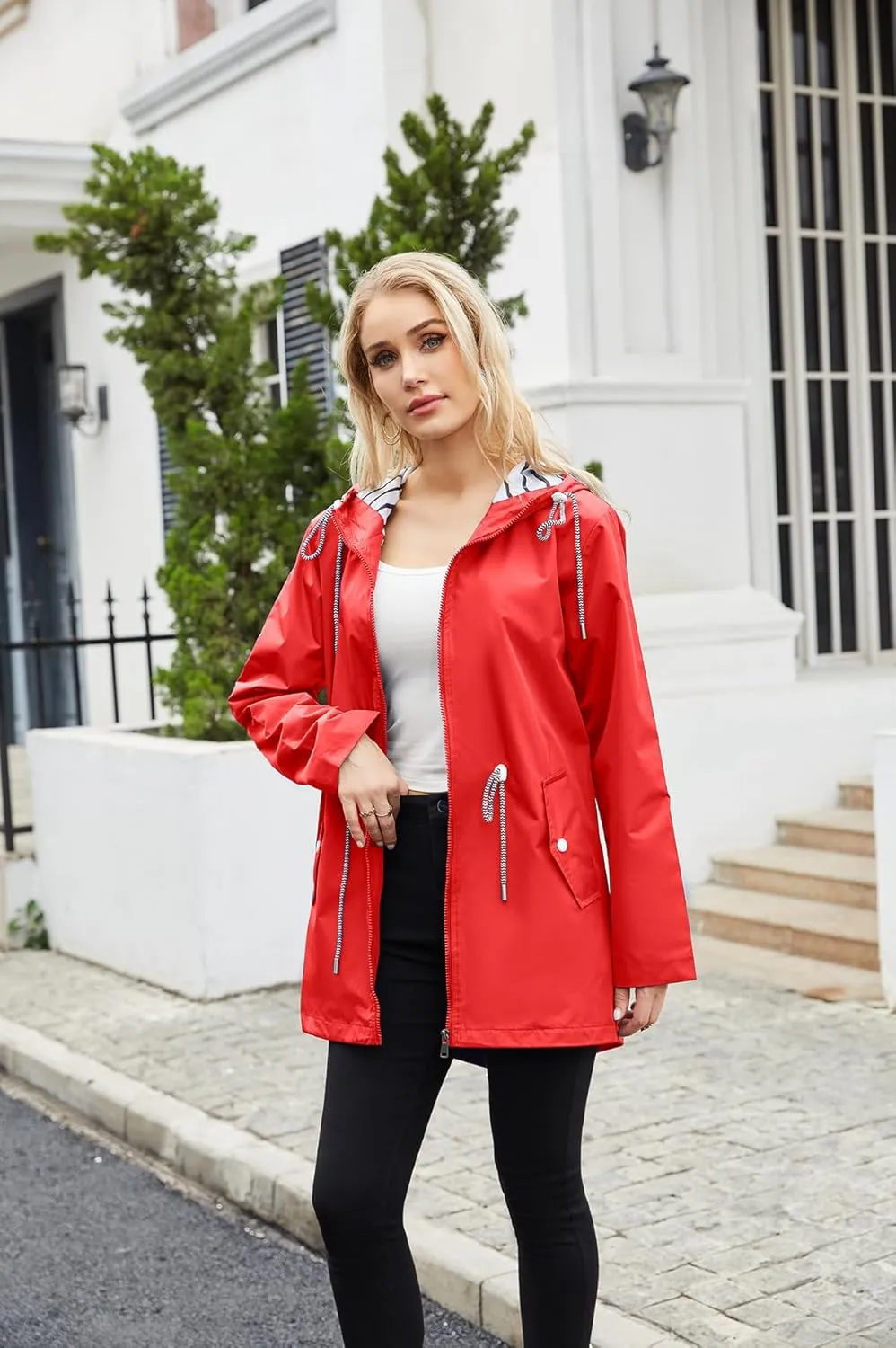Womens Raincoat Waterproof Hooded Trench Coats Lined Windbreaker Active Travel Jacket with Pockets for Outdoor