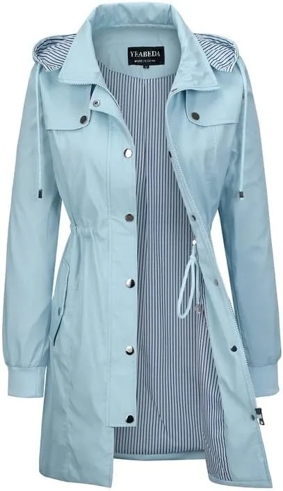 Womens Raincoat Waterproof with Hood Lightweight Windbreaker Rain Jacket Trench Coats Striped Lined