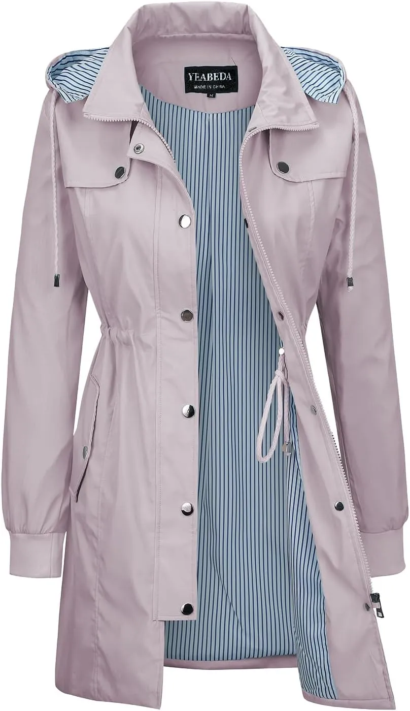 Womens Raincoat Waterproof with Hood Lightweight Windbreaker Rain Jacket Trench Coats Striped Lined