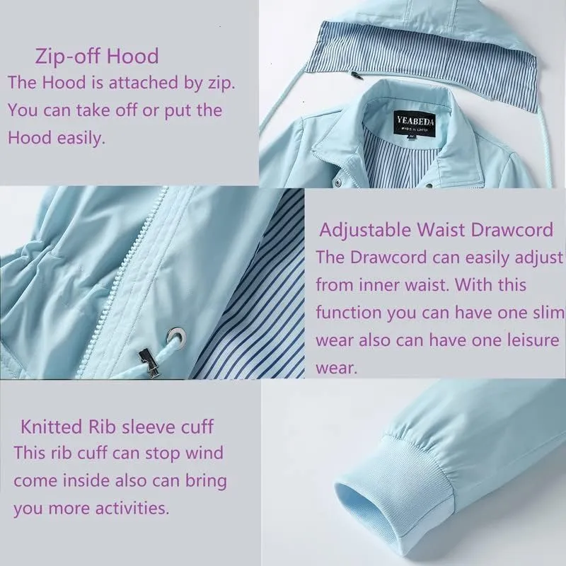 Womens Raincoat Waterproof with Hood Lightweight Windbreaker Rain Jacket Trench Coats Striped Lined