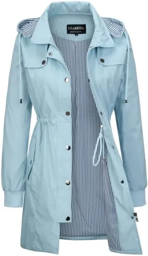 Womens Raincoat Waterproof with Hood Lightweight Windbreaker Rain Jacket Trench Coats Striped Lined