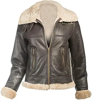 Womens Real B3 Aviator Sheepskin Shearling Flying Jacket Fur Winter Bomber Leather Jacket