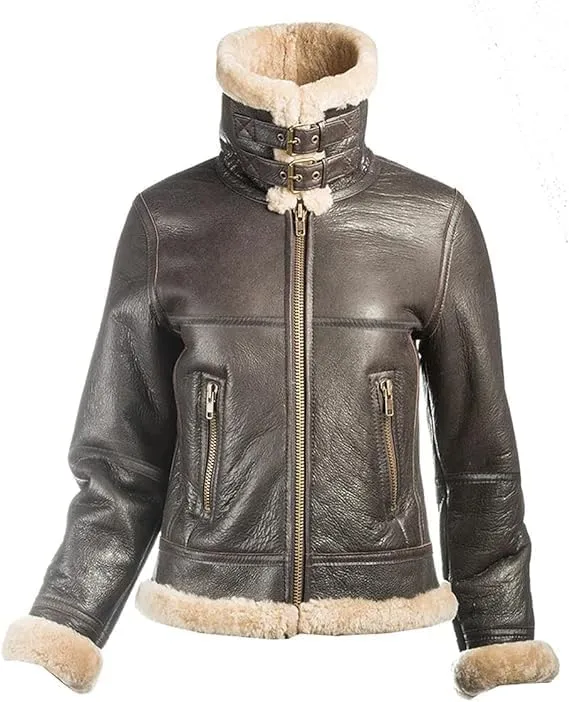 Womens Real B3 Aviator Sheepskin Shearling Flying Jacket Fur Winter Bomber Leather Jacket