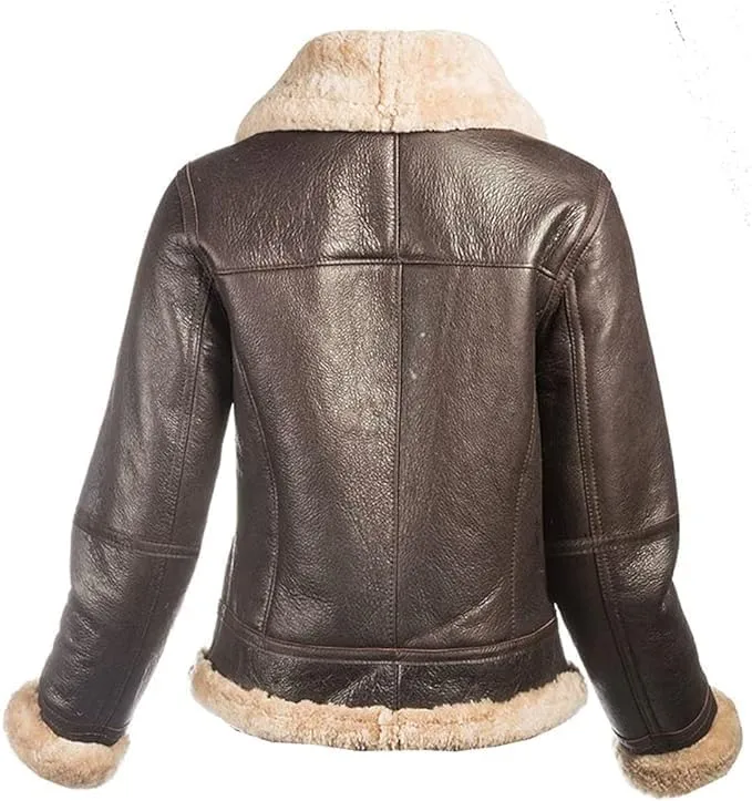 Womens Real B3 Aviator Sheepskin Shearling Flying Jacket Fur Winter Bomber Leather Jacket