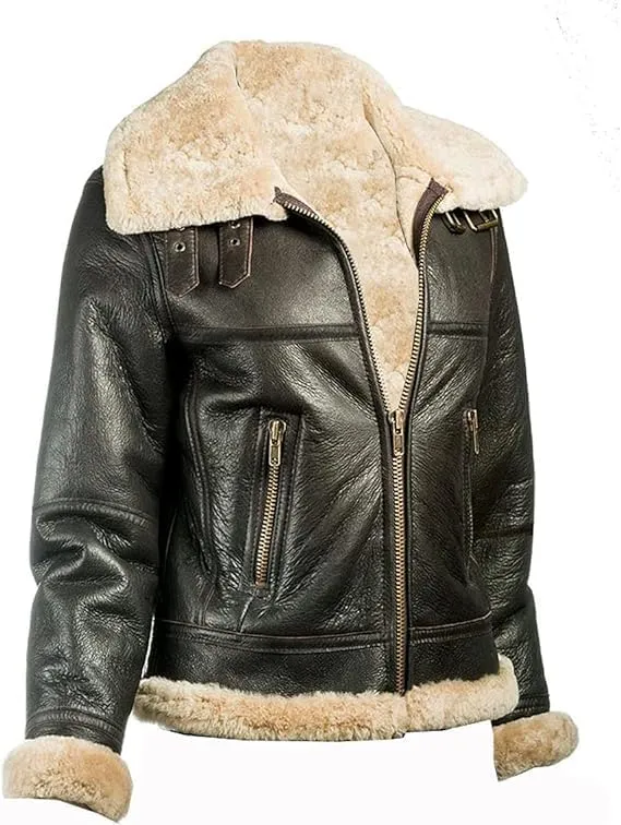 Womens Real B3 Aviator Sheepskin Shearling Flying Jacket Fur Winter Bomber Leather Jacket