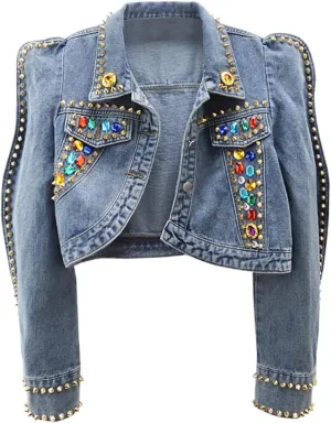 Women's Retro Rivet Long Sleeve Denim Jacket Colored Rhinestone Denim Jacket