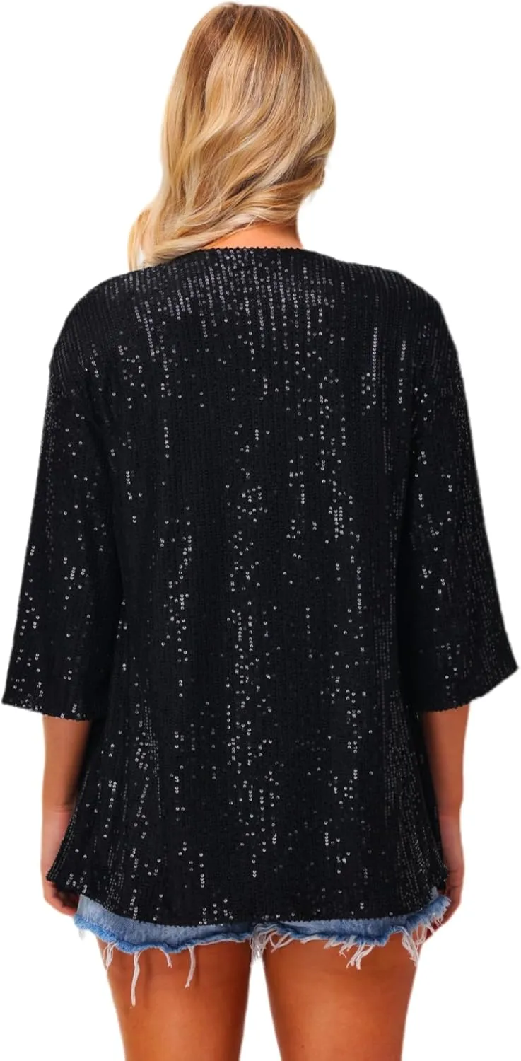 Women's Sequin Cardigan Casual 3/4 Sleeve Shinny Coat Open Front Sparkle Outwear Party Evening Glitter Cardigans
