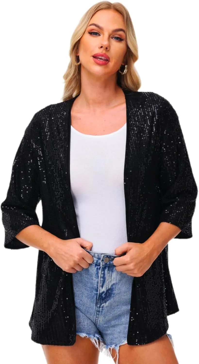 Women's Sequin Cardigan Casual 3/4 Sleeve Shinny Coat Open Front Sparkle Outwear Party Evening Glitter Cardigans