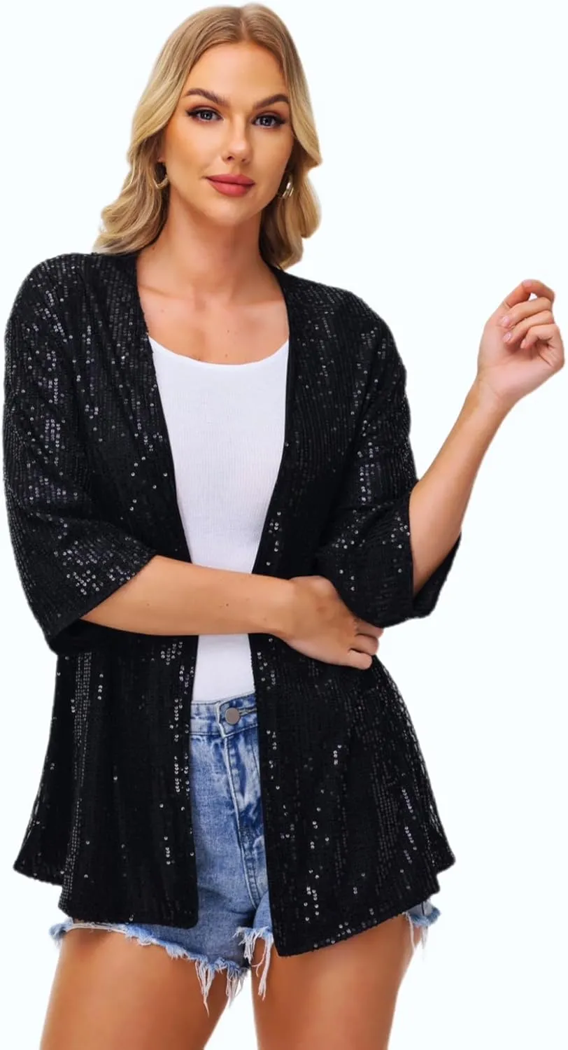 Women's Sequin Cardigan Casual 3/4 Sleeve Shinny Coat Open Front Sparkle Outwear Party Evening Glitter Cardigans