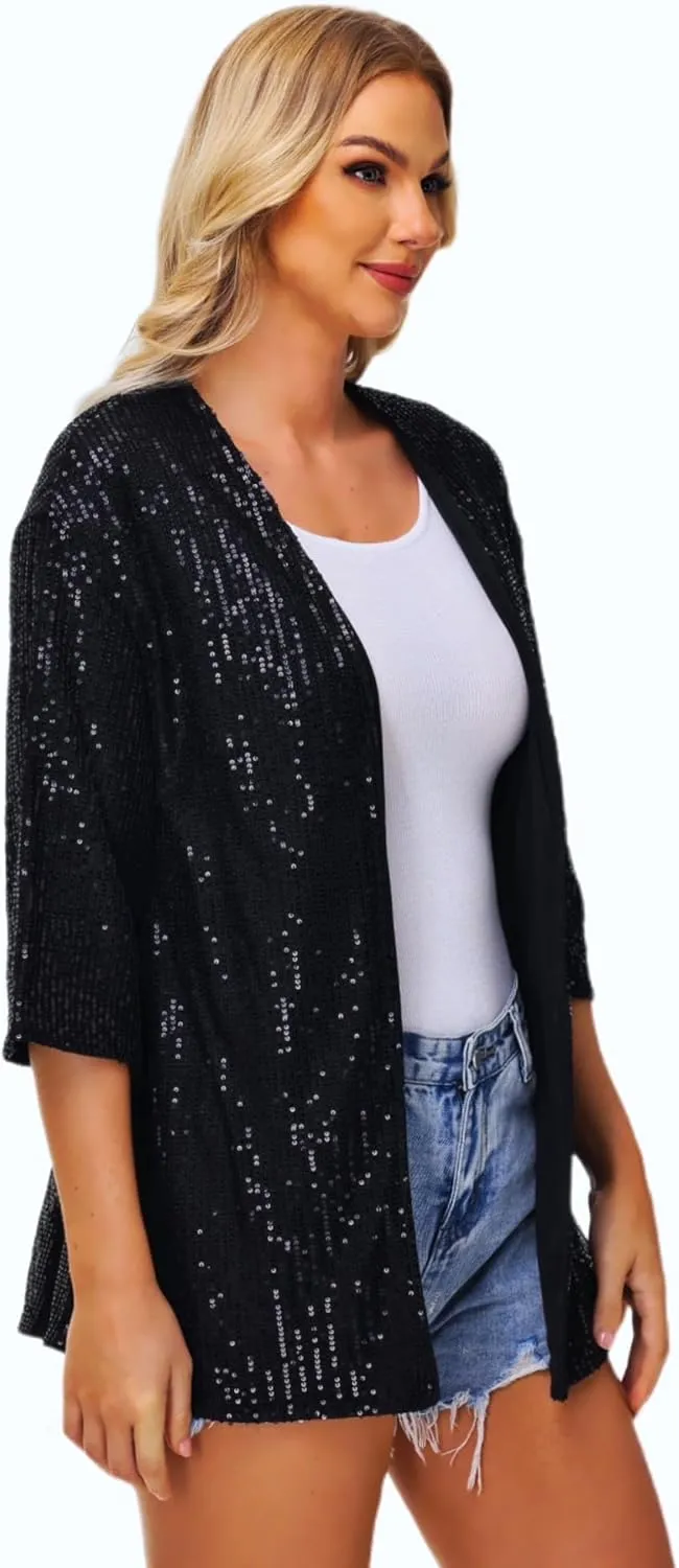 Women's Sequin Cardigan Casual 3/4 Sleeve Shinny Coat Open Front Sparkle Outwear Party Evening Glitter Cardigans