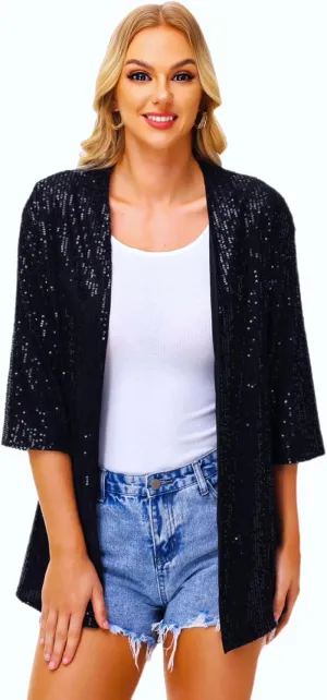 Women's Sequin Cardigan Casual 3/4 Sleeve Shinny Coat Open Front Sparkle Outwear Party Evening Glitter Cardigans