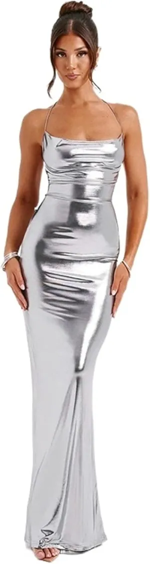 Women's Sexy Swing Neckline Halter Strap Patchwork Slim-fit Hip wrap Long Skirt Dress (Color : Silver, Size : Large)