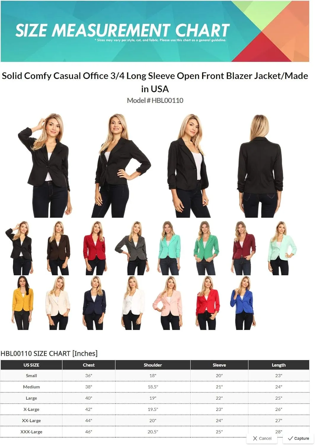 Women's Solid Comfy Casual Office 3/4 Long Sleeve Open Front Blazer Jacket/Made in USA