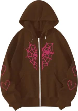 Womens Spider Web Graphic Zip Up Hoodie Oversized Goth Harajuku Jacket Y2k Grunge Aesthetic Streetwear Sweatshirt