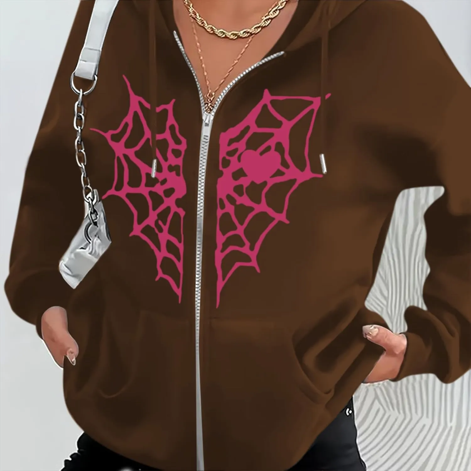 Womens Spider Web Graphic Zip Up Hoodie Oversized Goth Harajuku Jacket Y2k Grunge Aesthetic Streetwear Sweatshirt