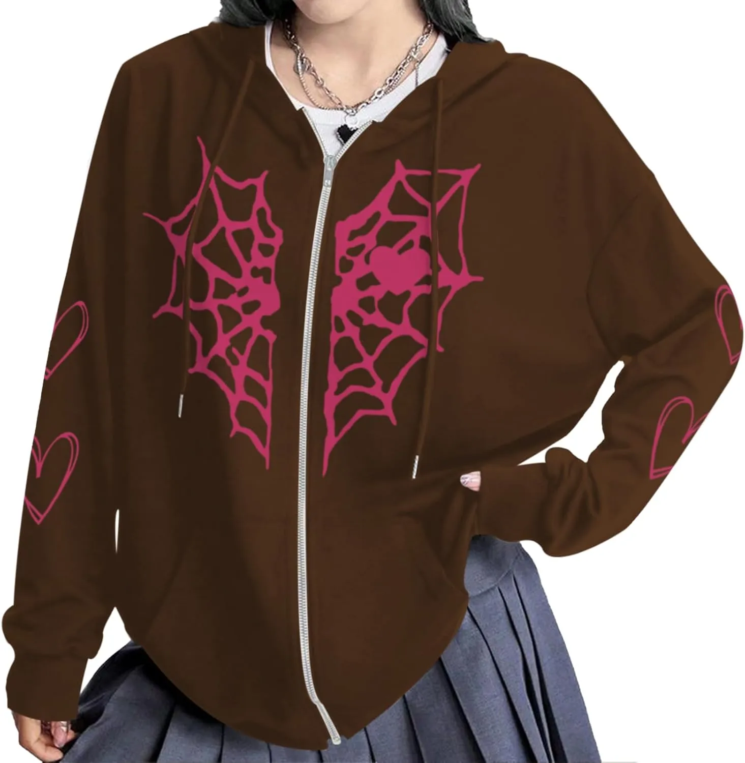 Womens Spider Web Graphic Zip Up Hoodie Oversized Goth Harajuku Jacket Y2k Grunge Aesthetic Streetwear Sweatshirt