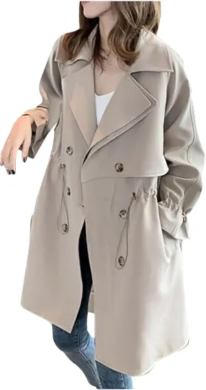 Womens Trench Coat Double-Breasted Classic Lapel Overcoat Hooded Long Spring Fall Outerwear Windbreaker Solid Jacket