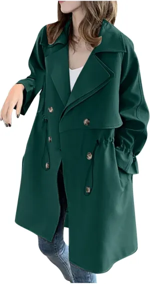 Womens Trench Coat Double-Breasted Classic Lapel Overcoat Hooded Long Spring Fall Outerwear Windbreaker Solid Jacket
