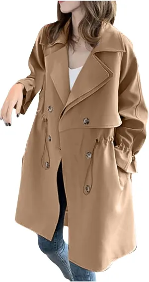 Womens Trench Coat Double-Breasted Classic Lapel Overcoat Hooded Long Spring Fall Outerwear Windbreaker Solid Jacket