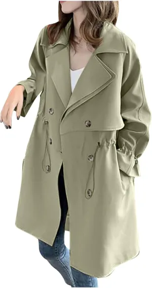Womens Trench Coat Double-Breasted Classic Lapel Overcoat Hooded Long Spring Fall Outerwear Windbreaker Solid Jacket